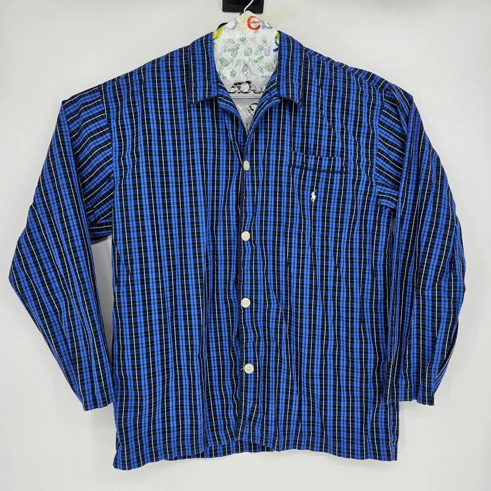 Polo Ralph Lauren‎ Pajama Shirt Mens Large Blue Plaid Cotton Long Sleeve Button